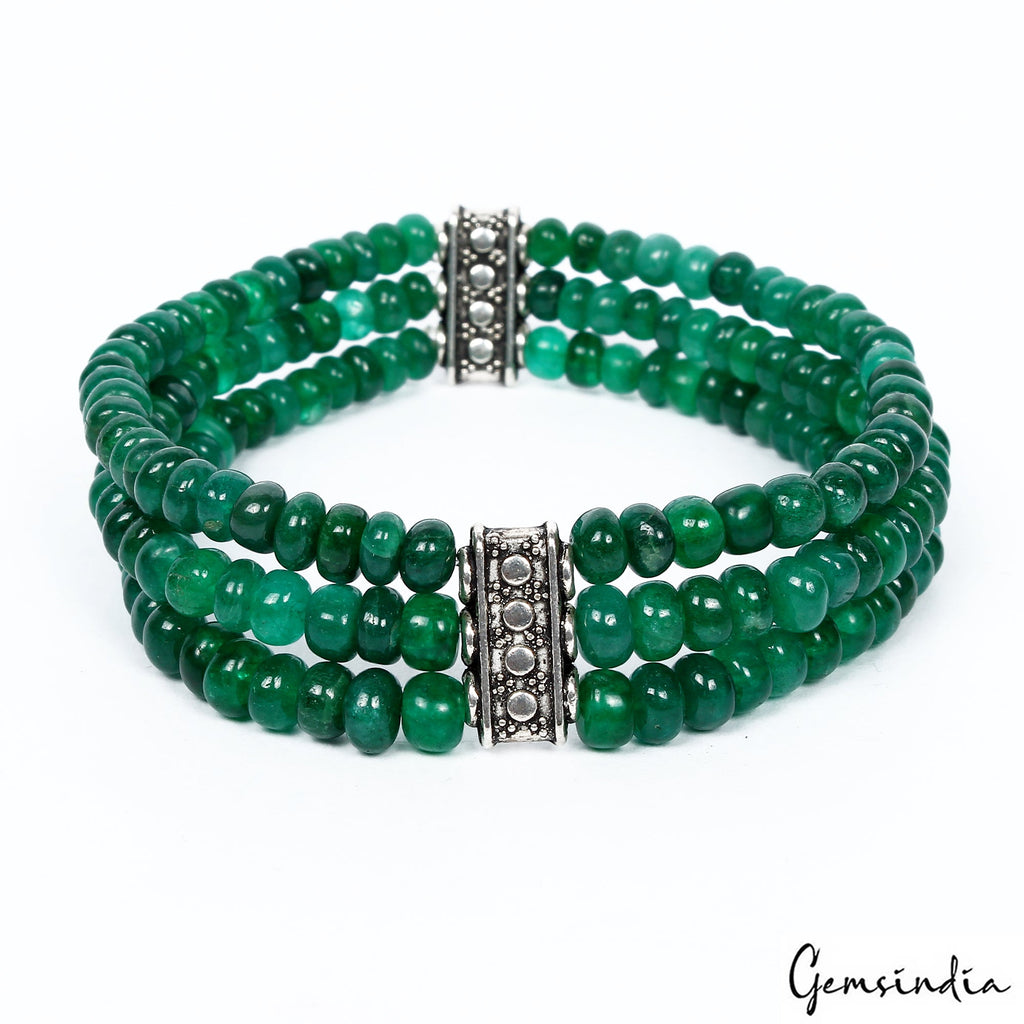 6.5 Inch Natural Zambian Emerald 3 Strand Stretchable Bracelet Jewelry For Women