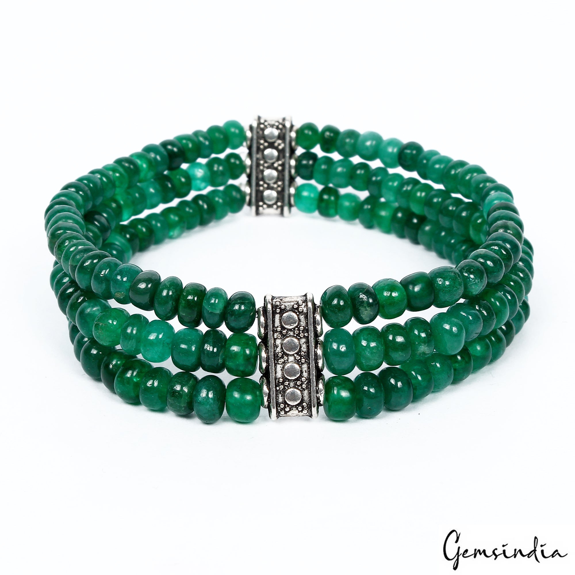 6.5 Inch Natural Zambian Emerald 3 Strand Stretchable Bracelet Jewelry For Women