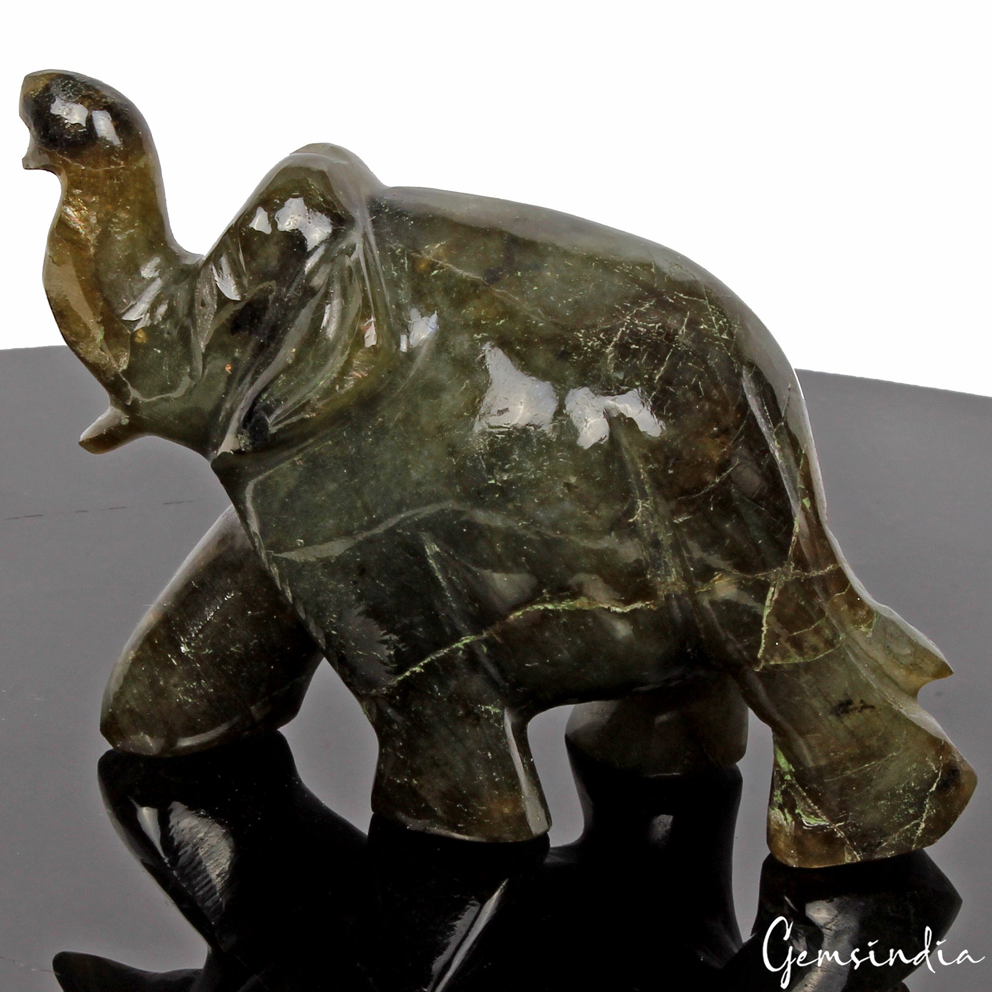 500 Ct Natural Labradorite Carved Elephant Trunk Up Gemstone Animal Statue Decor