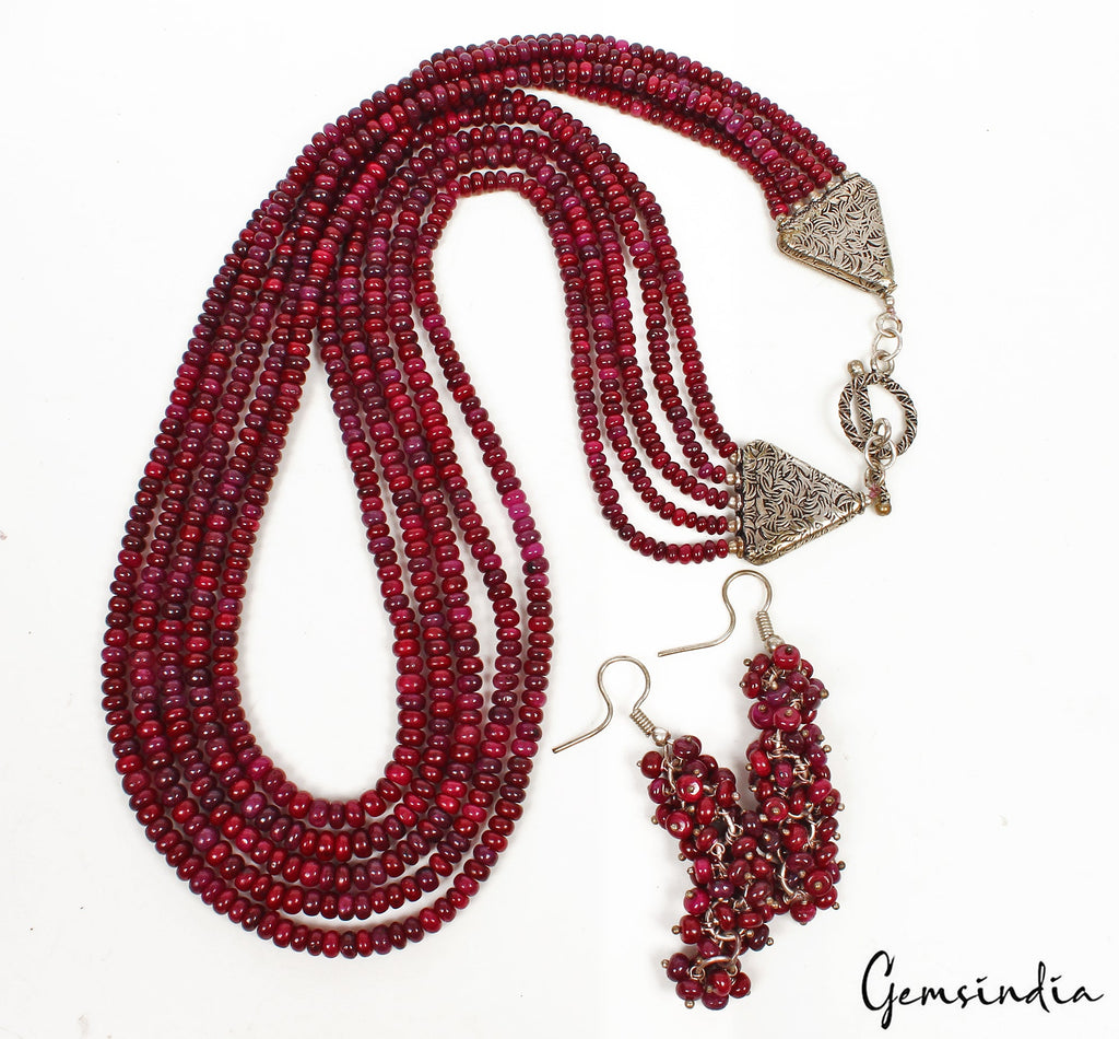 644.60 Ct Natural Red Ruby Round Cab Beaded 5 Strand Handmade Necklace & Earring