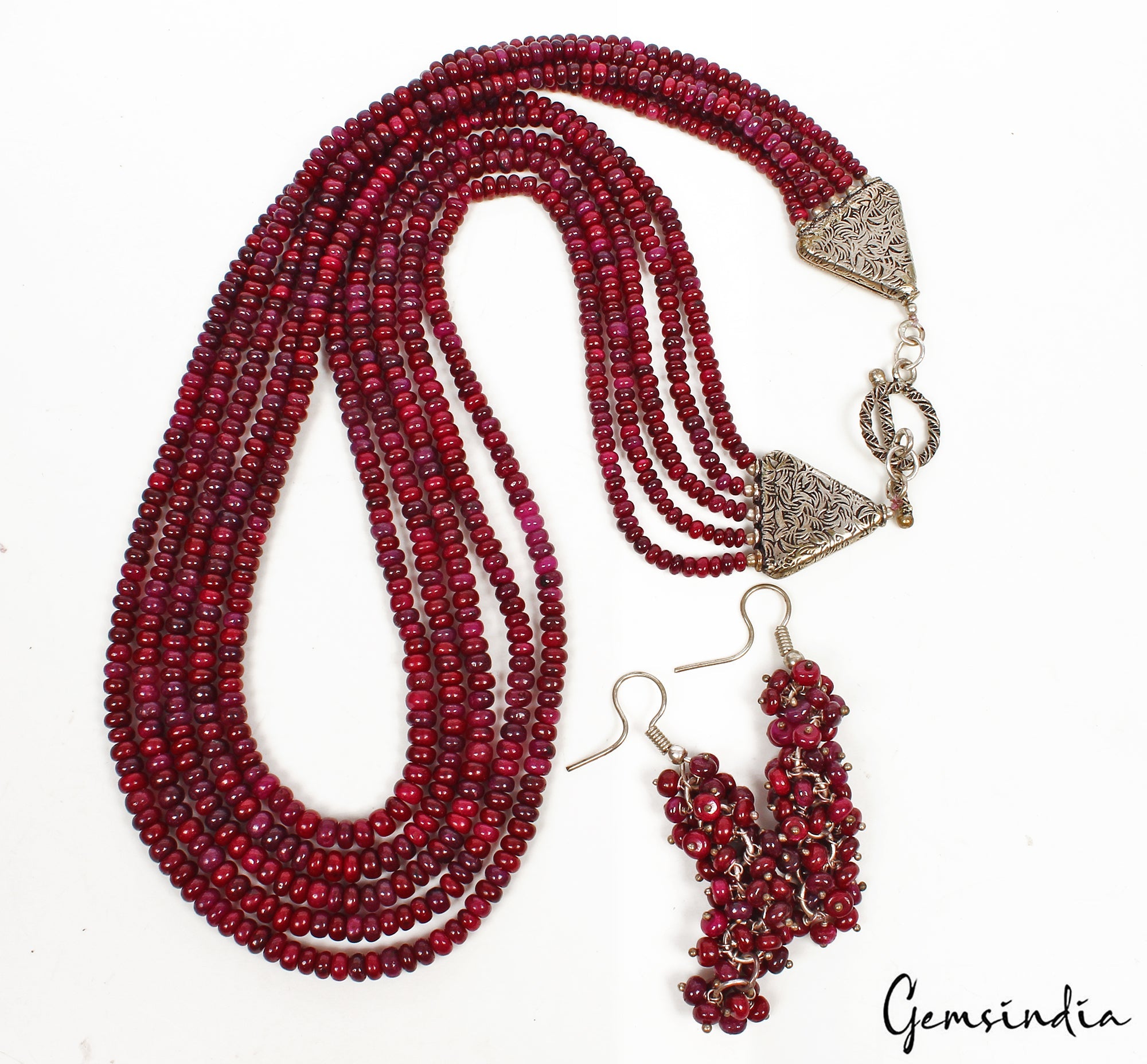 644.60 Ct Natural Red Ruby Round Cab Beaded 5 Strand Handmade Necklace & Earring
