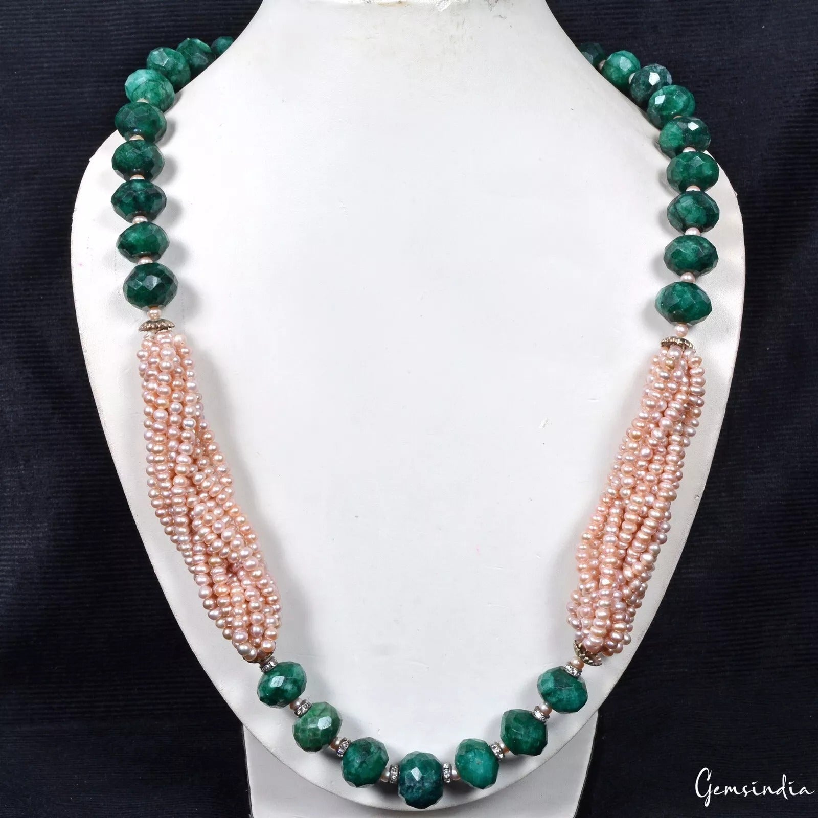 735 Ct Natural Emerald & Pearl Rondelle Bead Handmade Designer Necklace 24 Inch
