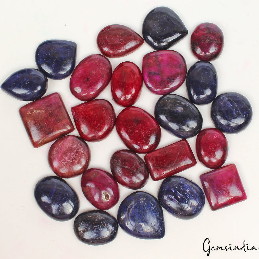 840 Cts/24 Pcs Natural Red ruby Blue Sapphire Mix Cab Loose Gems Lot For Jewelry