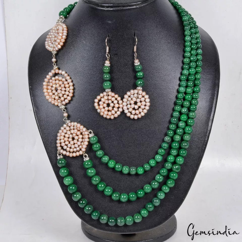 580 Ct Natural Emerald Pearl Rondelle Bead Handmade Designer Necklace w/Earrings