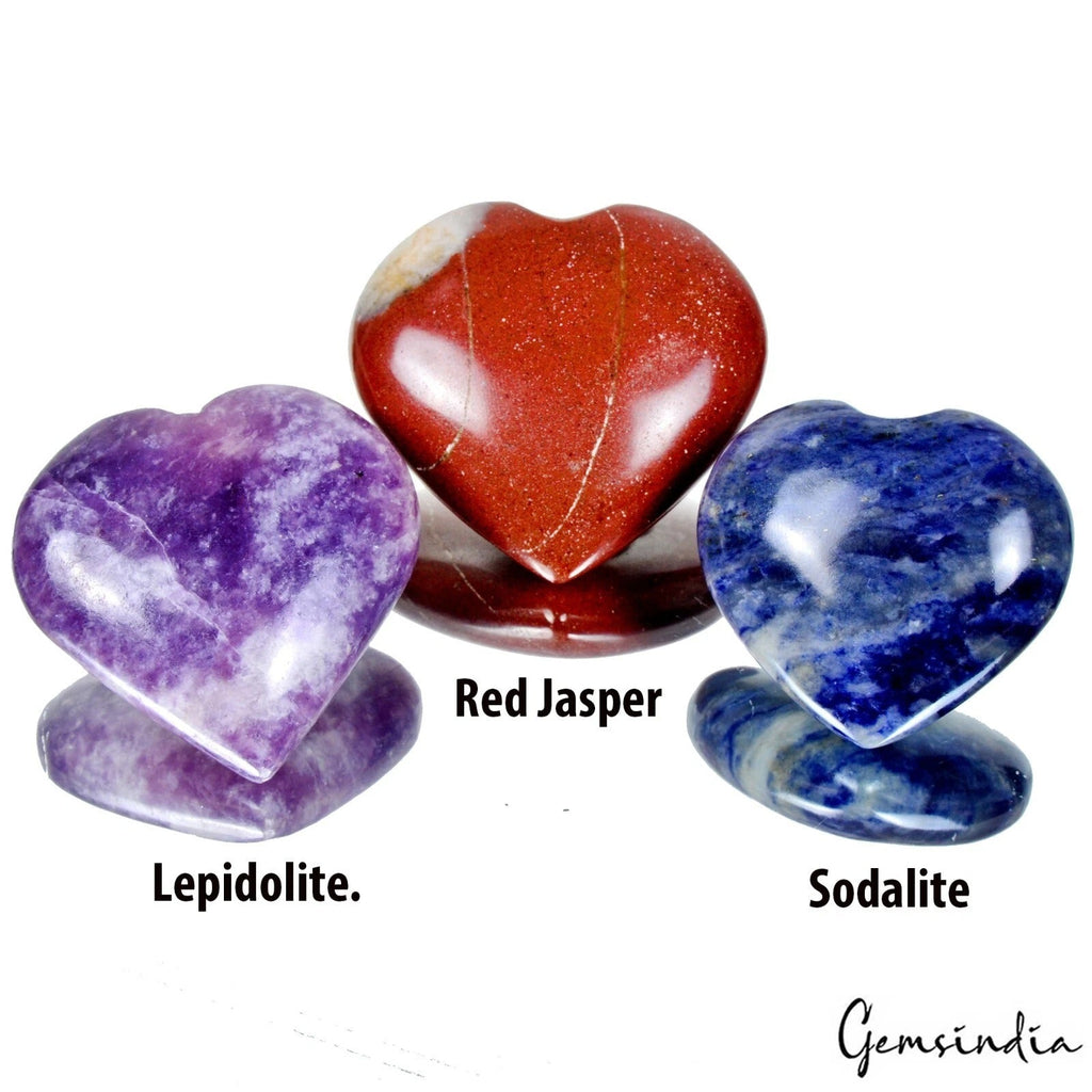 880 Cts/3 Pcs Natural Purple Lepidolite Red Jasper Blue Sodalite Heart Cab Gems