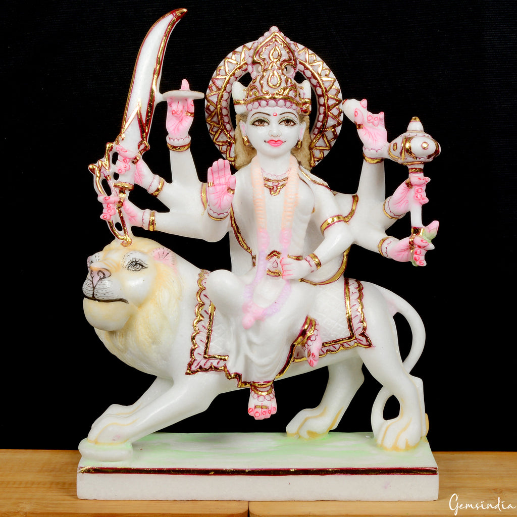 13.2" White Marble Durga Sitting on Lion Statue Hand Crafted Sculpture/ Art Work