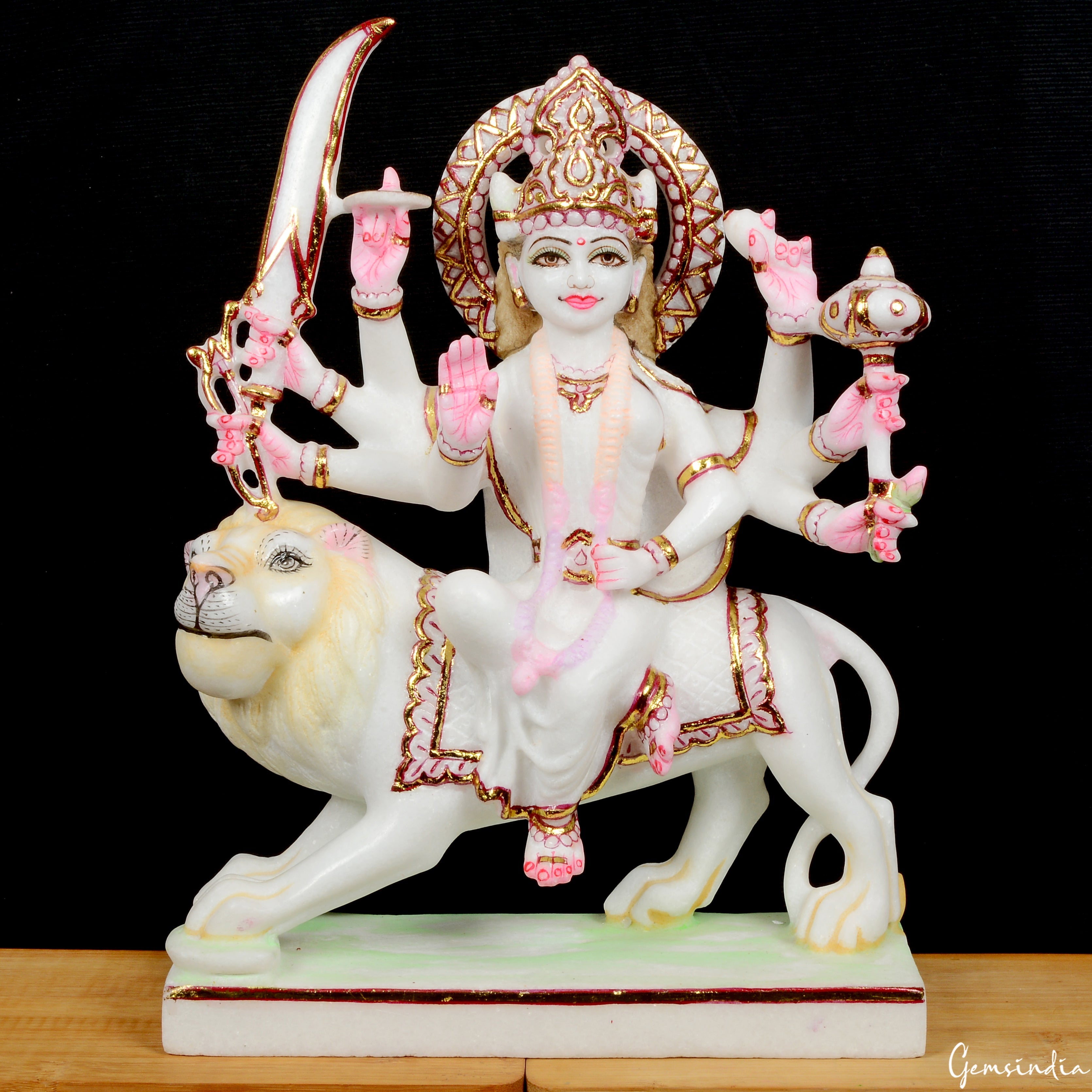 13.2" White Marble Durga Sitting on Lion Statue Hand Crafted Sculpture/ Art Work