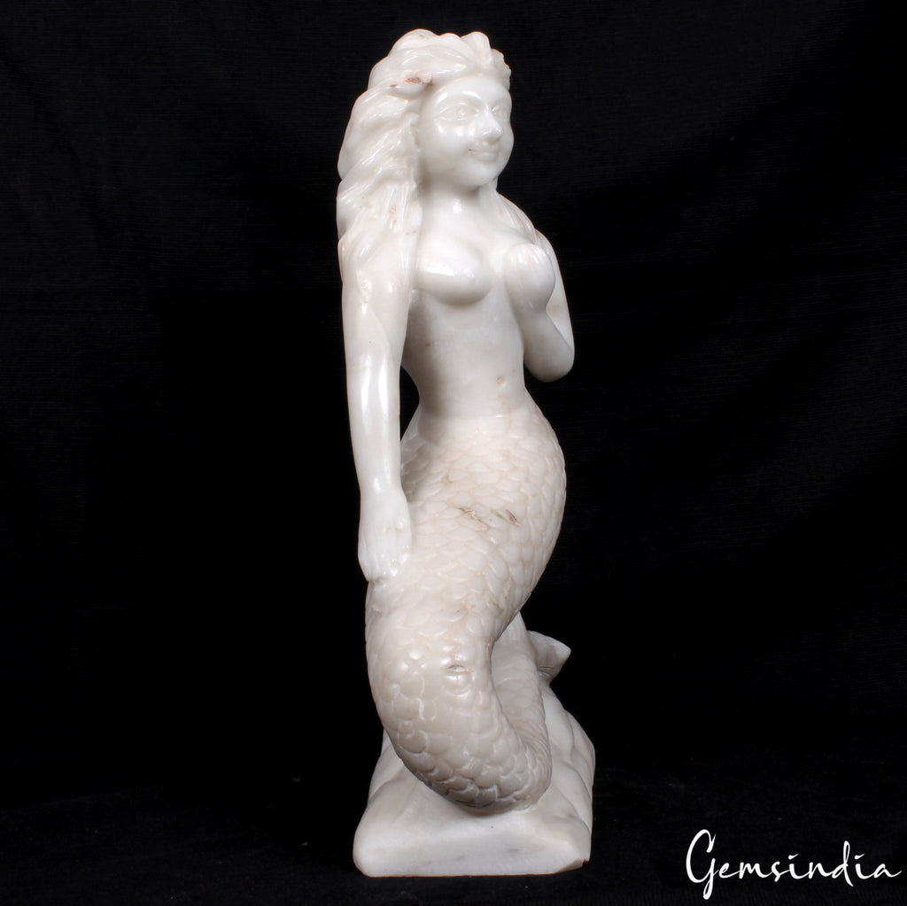 16.5 inch Tall Large White Marble Mermaid Hand Carved Figurine Statue 8.5 kilo