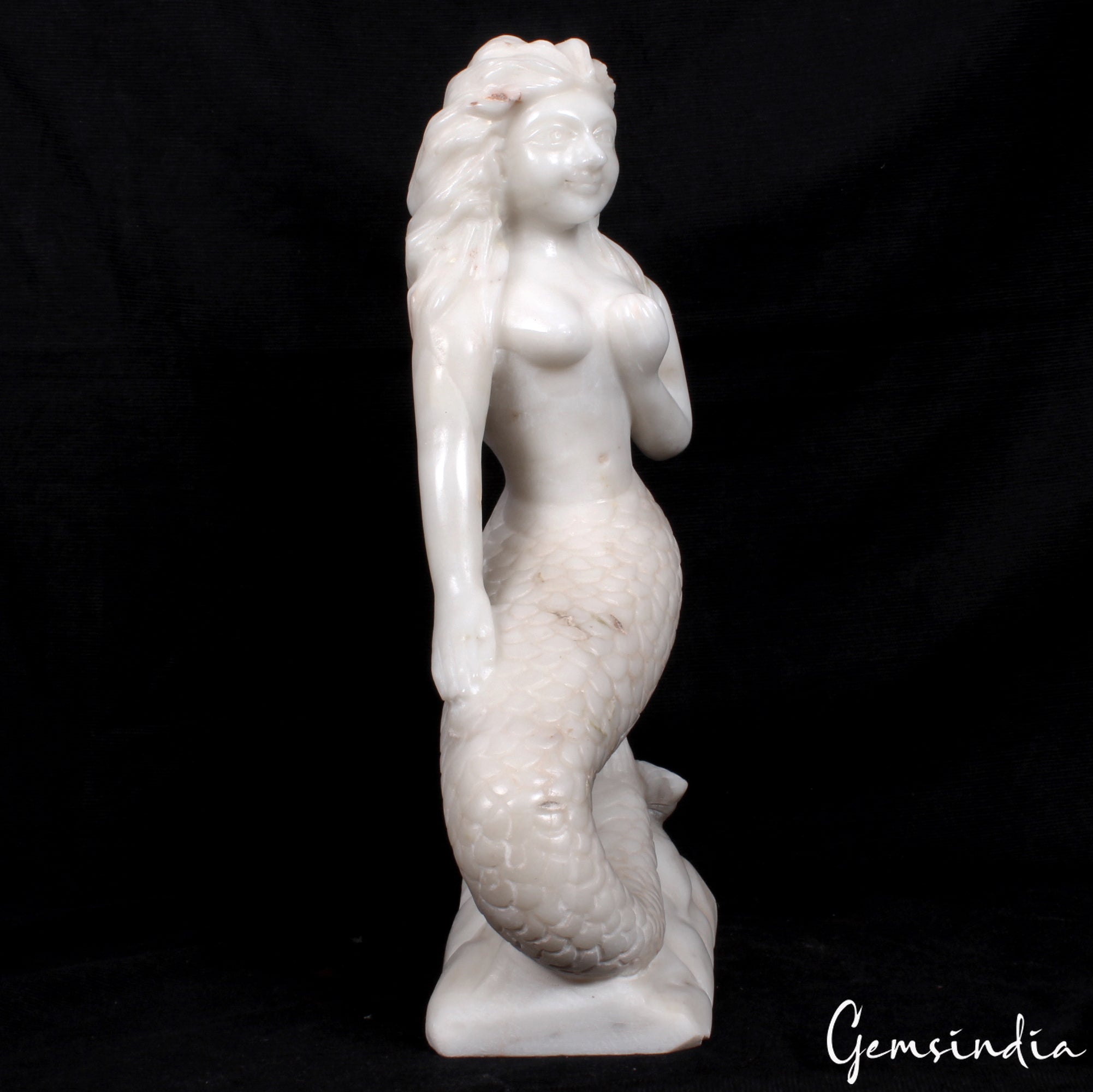 16.5 inch Tall Large White Marble Mermaid Hand Carved Figurine Statue 8.5 kilo