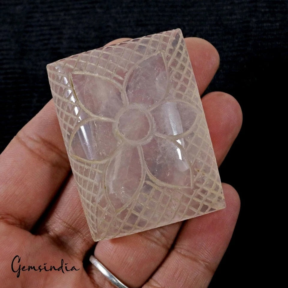 450 Cts Natural Pink Rose Quartz Floral Carving Hand Carved Huge Size Gemstone