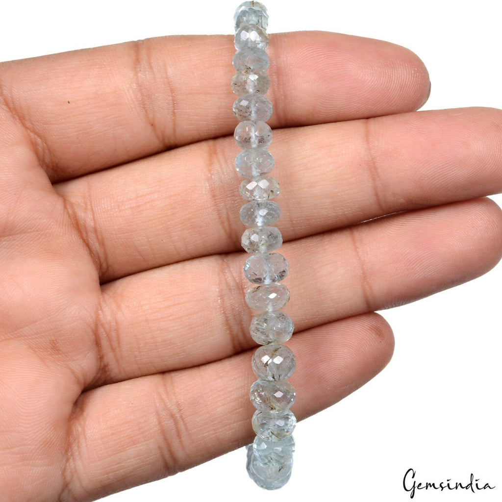 61.40 Ct Natural Blue Aquamarine Round Faceted Beaded Cut Handmade Bracelet 7.5"
