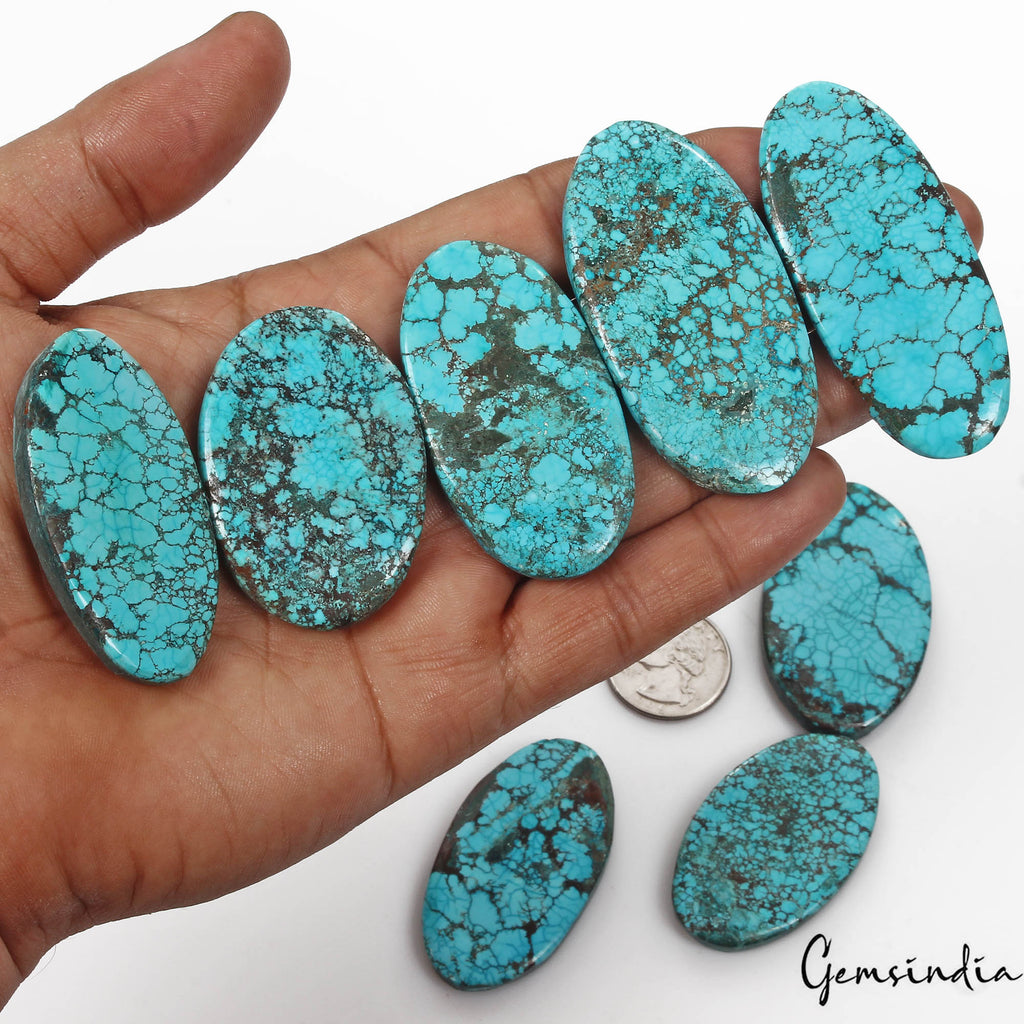 700 Cts/8 Pcs Natural Spiderweb Blue Turquoise Oval Cab Loose Gems For Pendants