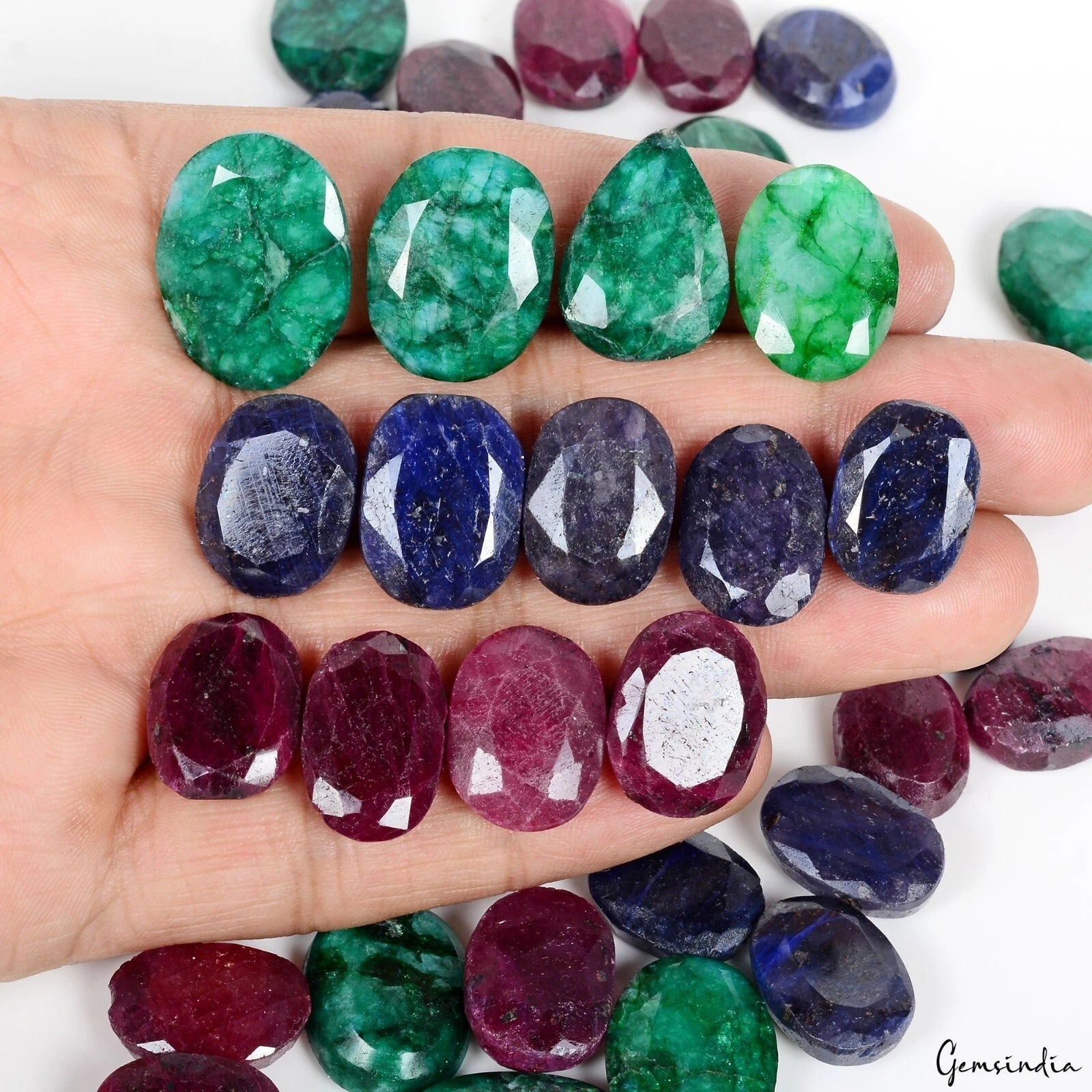 780 Ct Natural Emerald Ruby Sapphire Loose Gemstones Lot-Faceted Oval/Pear-40 Pc