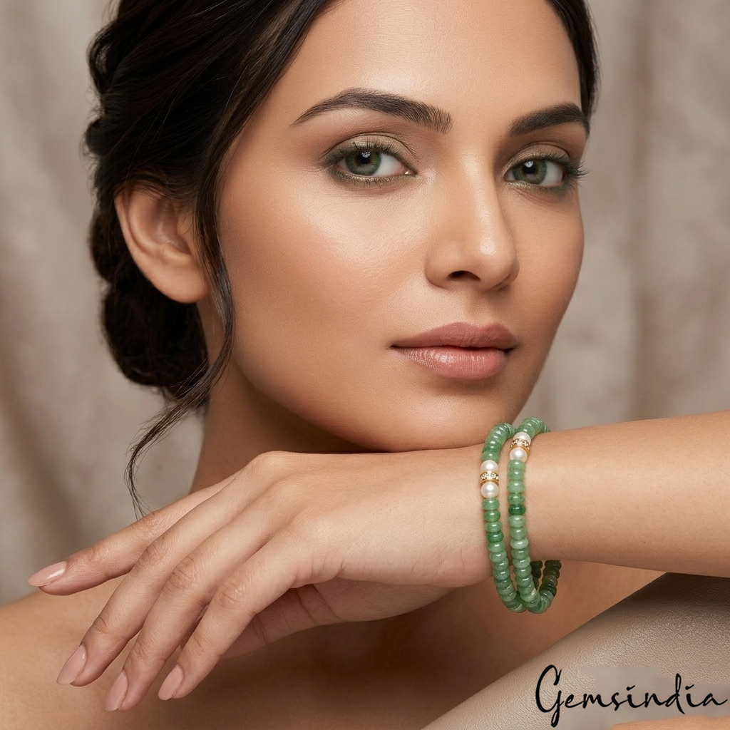 61.10 Ct Natural Emerald Gems Round Cab Drilled Double Strand Handmade Bracelet