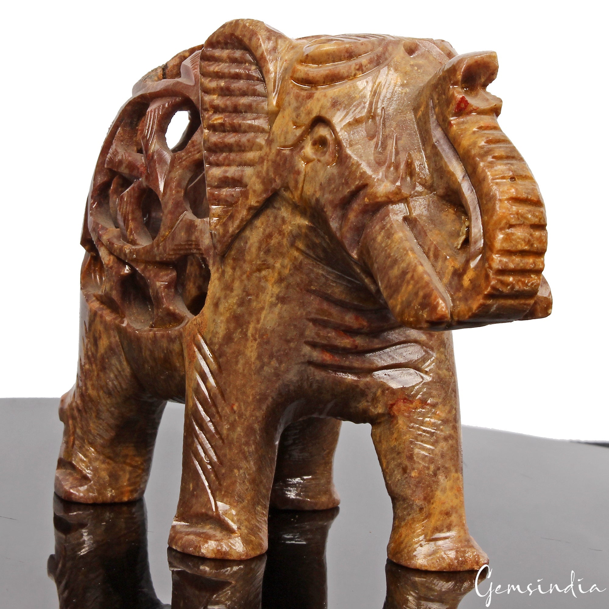 1370 Cts Soapstone Trunk Up Elephant Statue Animal~ Baby inside Tummy Sculpture