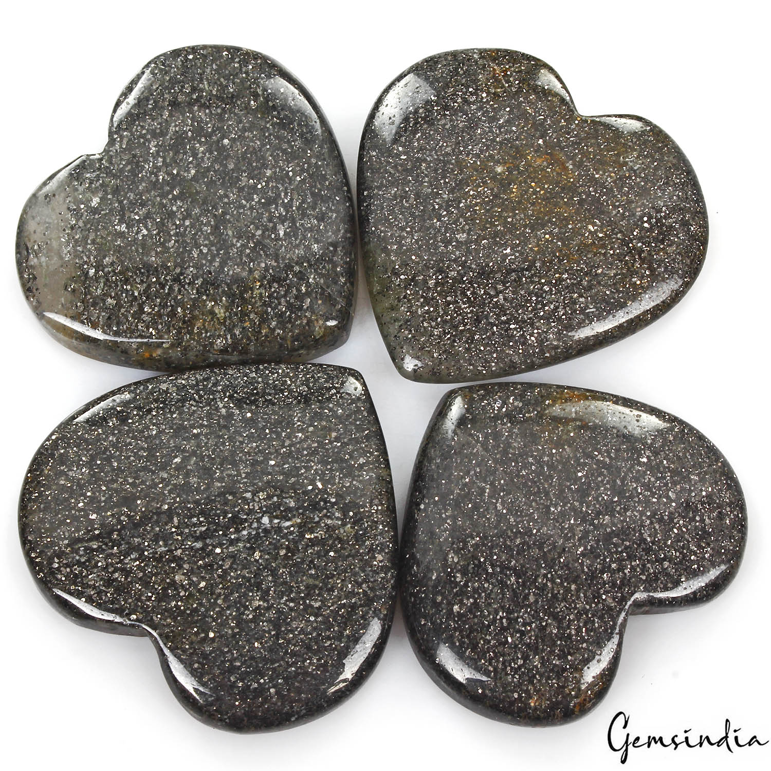 290 Cts/4 Pcs Natural Black Glittering Shine Sunstone Heart Cab Gems For Pendant