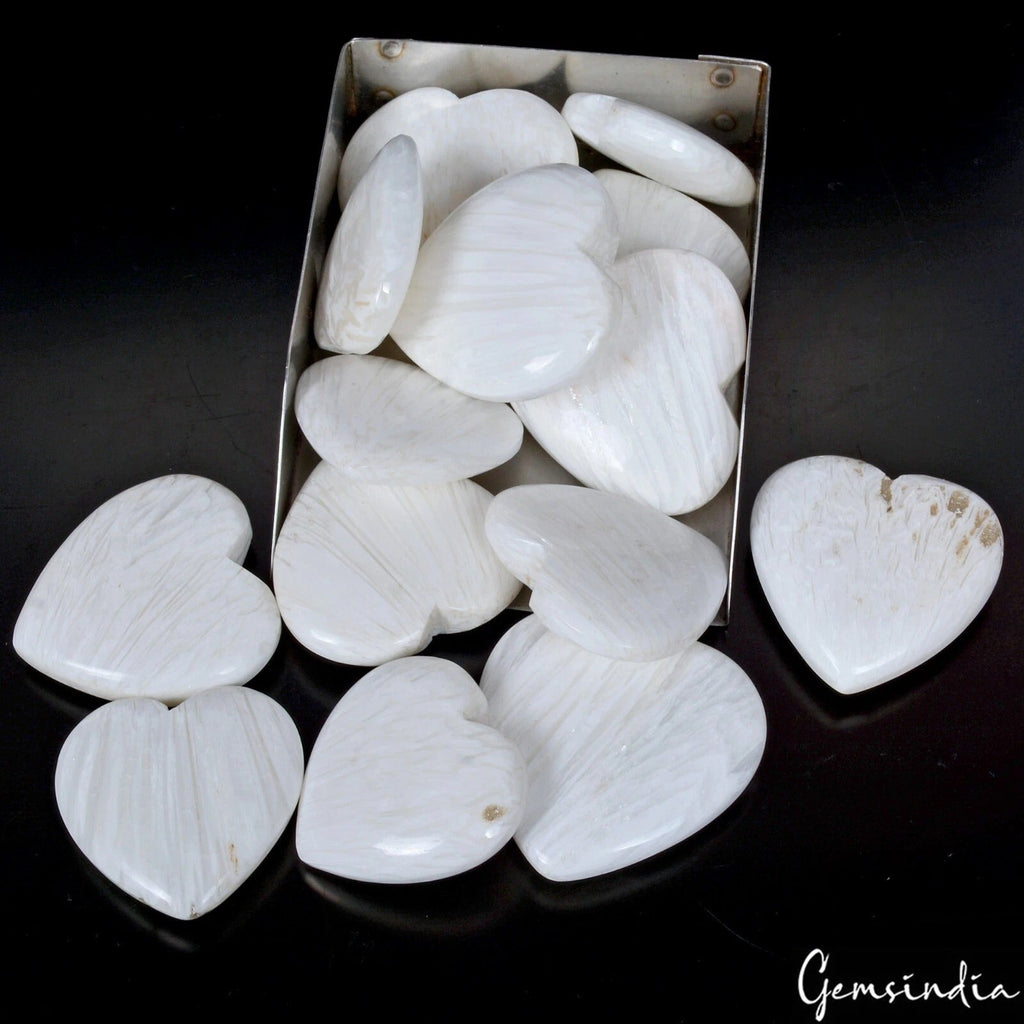 14 Pcs Heart Shape White Selenite Healing Crystal Natural Pocket Stones 1430 Cts