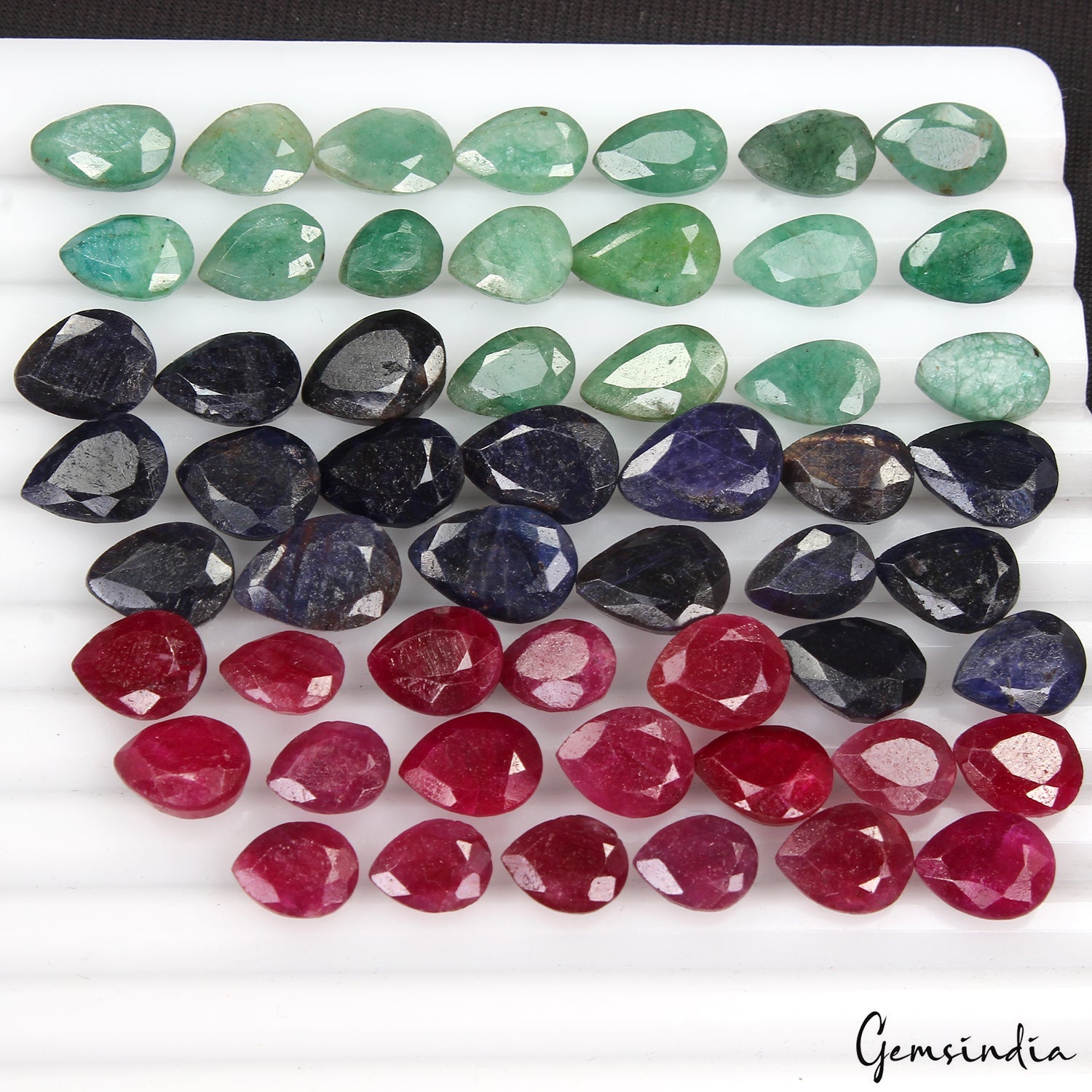 171.70 Ct/54 Pcs Natural Multi Color Ruby Emerald Sapphire Pear Cut Gems 8-12mm