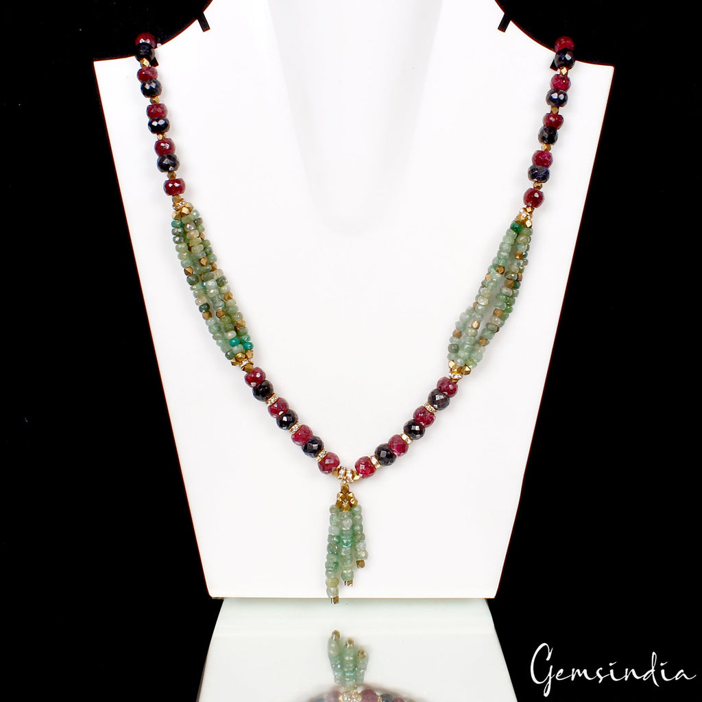 Handmade 22" Long Natural Sapphire Ruby Emerald Round Beads Necklace 355 Cts