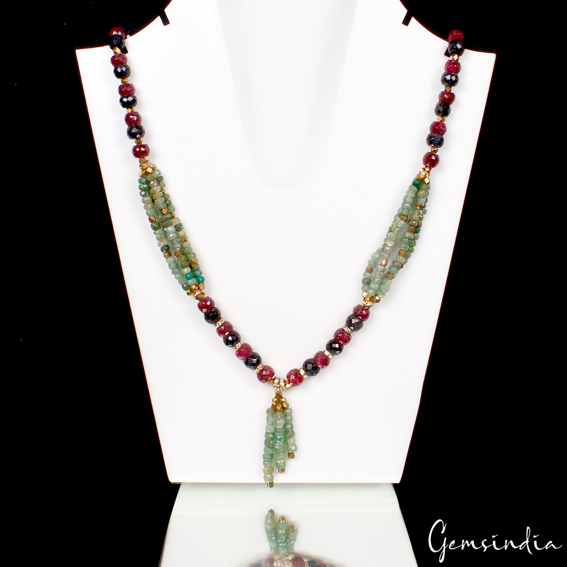 Handmade 22" Long Natural Sapphire Ruby Emerald Round Beads Necklace 355 Cts