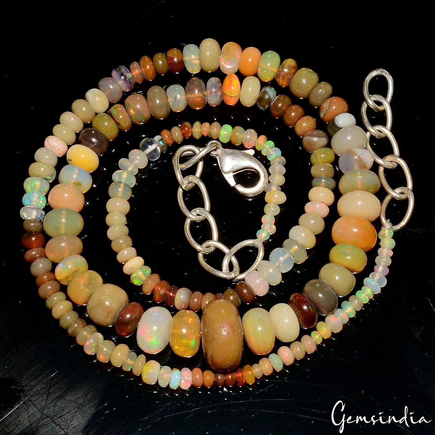 60.30Ct Natural Multi Shine Opal Round Beaded Necklace w Adjustable Silver Chain