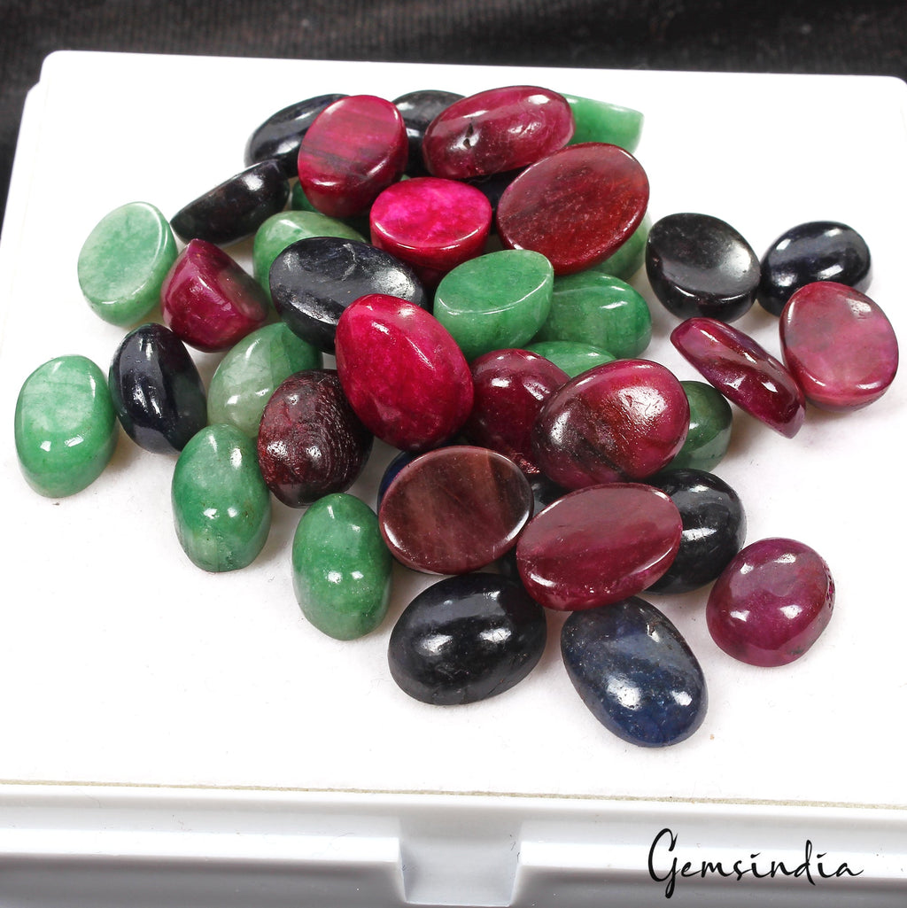 Certified 350 Ct Natural Ruby Emerald Sapphire Oval Cabochon Loose Gemstones Lot