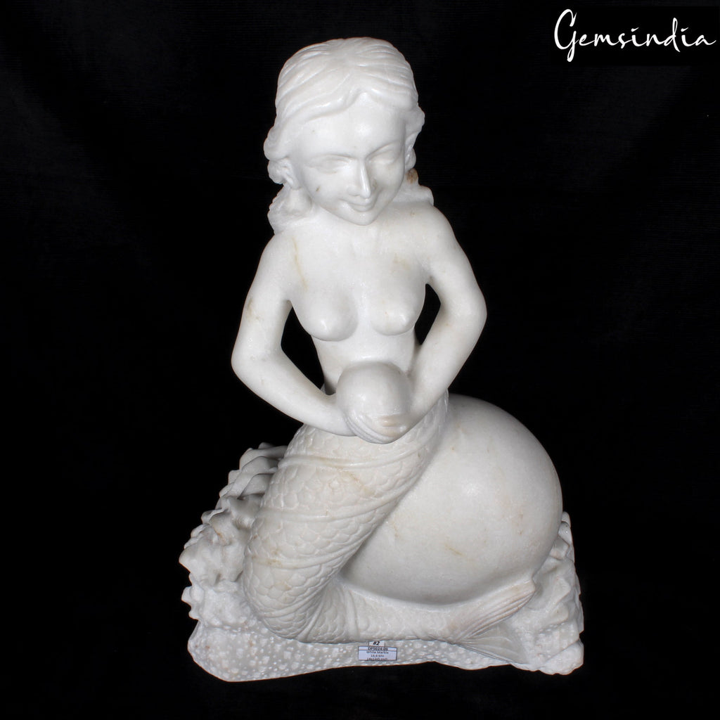 18" Tal Beautiful Mermaid Sitting on Rock Statue Sculpture Figurine White Marble