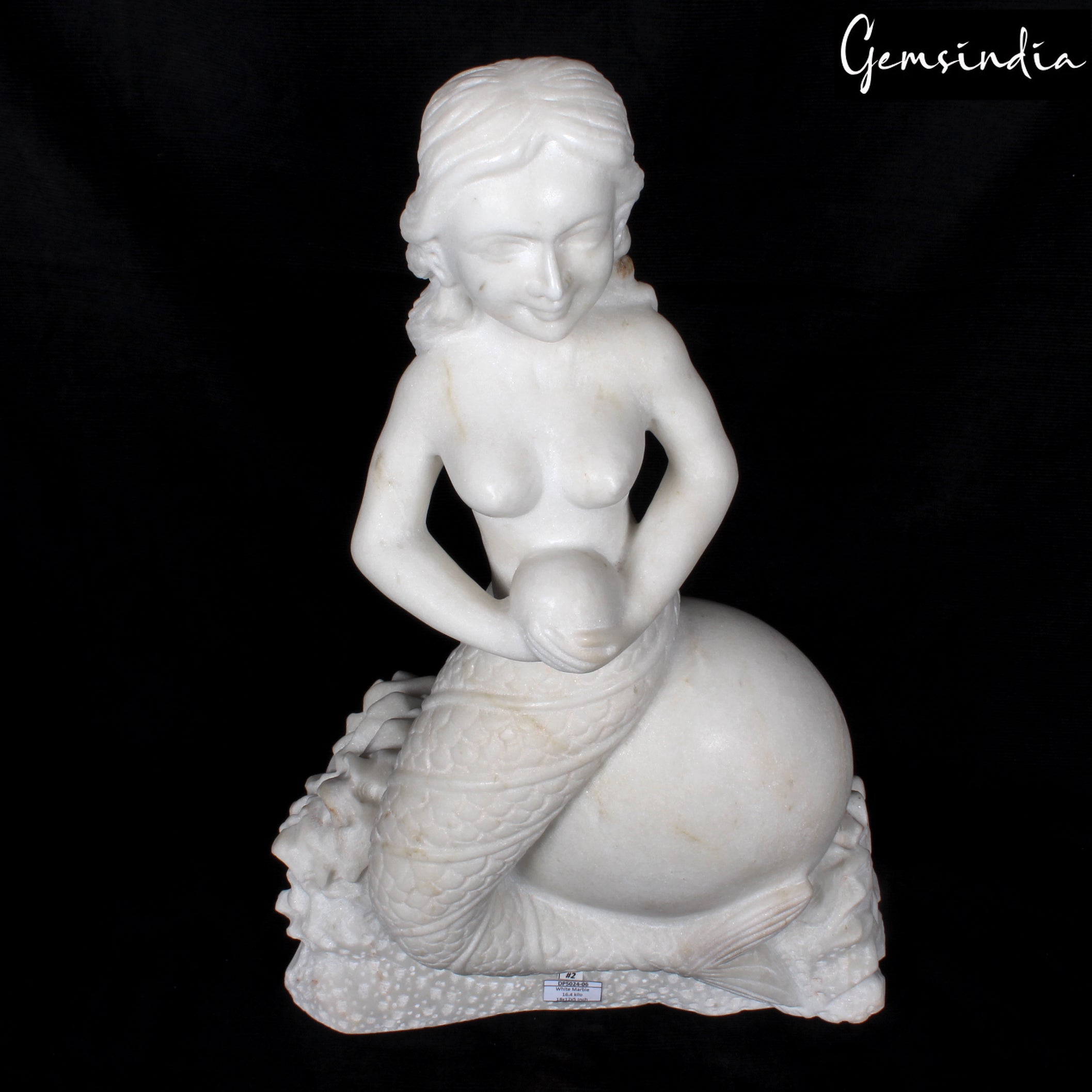 18" Tal Beautiful Mermaid Sitting on Rock Statue Sculpture Figurine White Marble