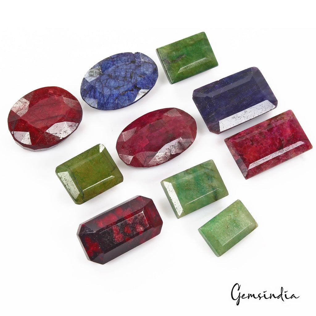1060 Ct/10 Pcs Natural Multi Color Emerald Ruby Sapphire Mixed Cut Loose Gem Lot