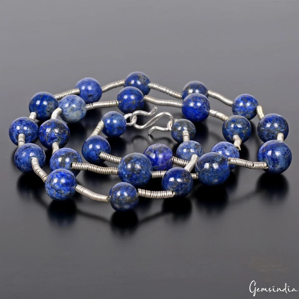 197.10 Ct Natural Blue Lapis Lazuli Round Cab Beaded Single Strand Necklace 20in