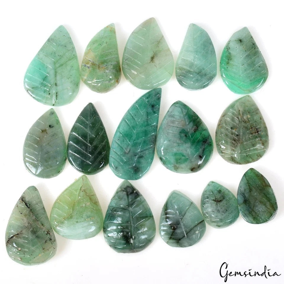 Certified 85.70 Cts/17 Pcs Natural Untreated Green Emerald Leaf Hand Carved Gems