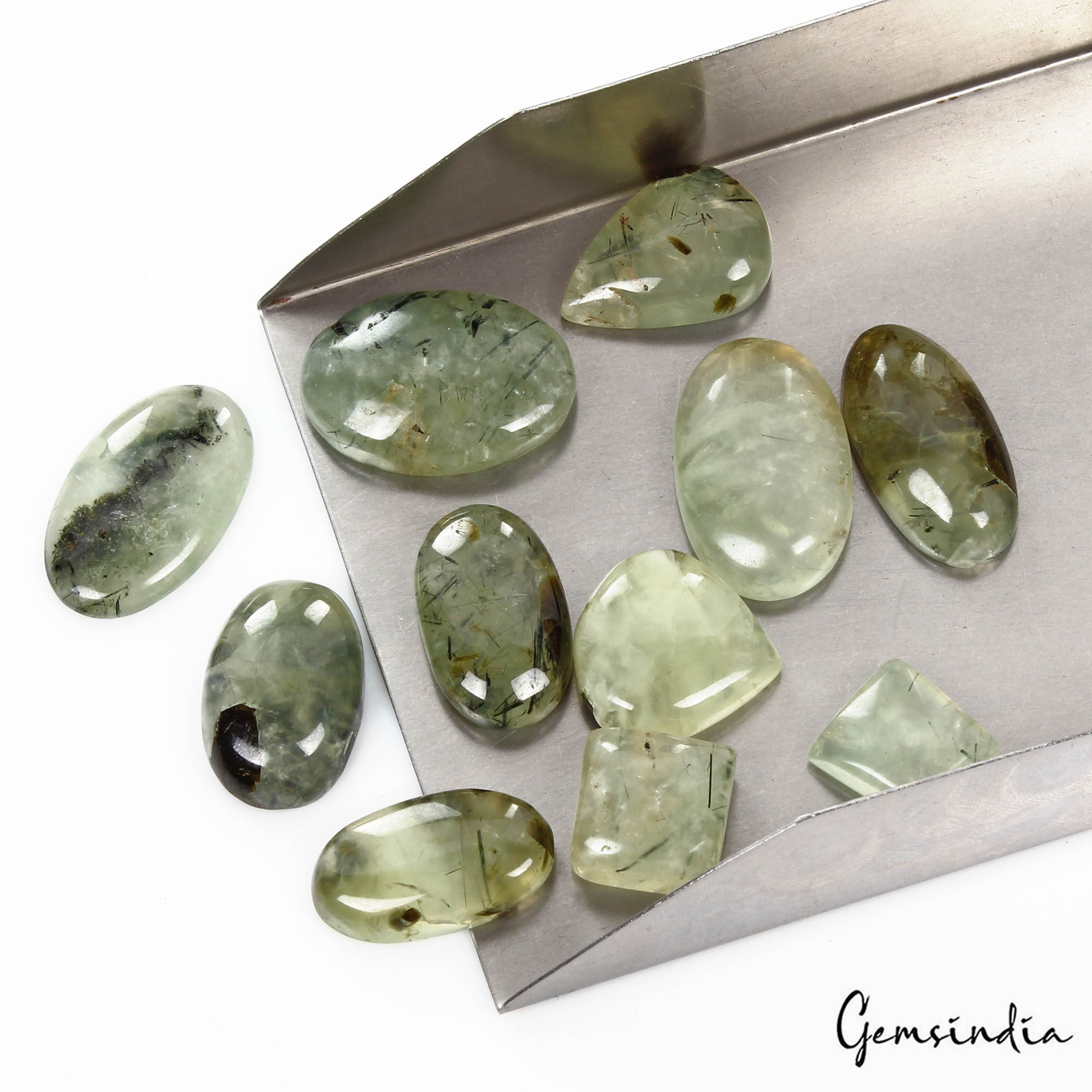 330 Ct/11 Pcs Natural Untreated Green w Black Needle Prehnite Mix Cab Loose Gems