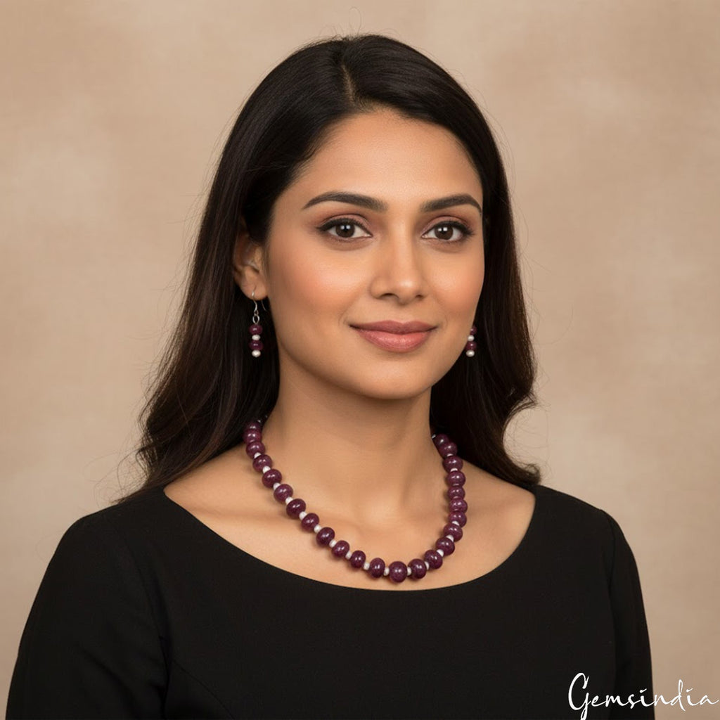 Natural Red Ruby & Pearl Bead Necklace & Drop Earrings Set Elegant Gift~660 Cts