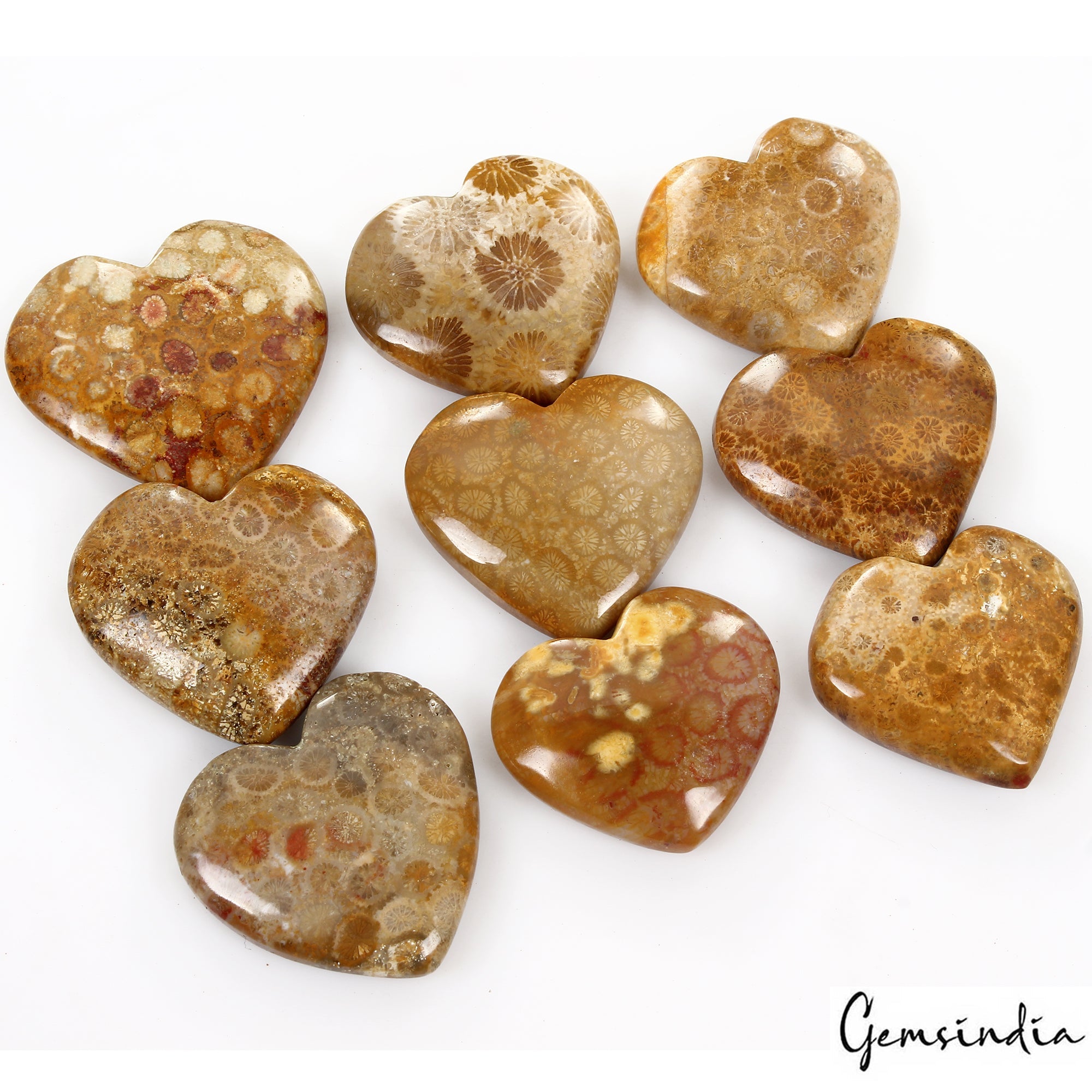 9 Pcs Natural Fossil Coral 30-37mm Heart Shape Loose Cabochon Gemstones 730 Cts