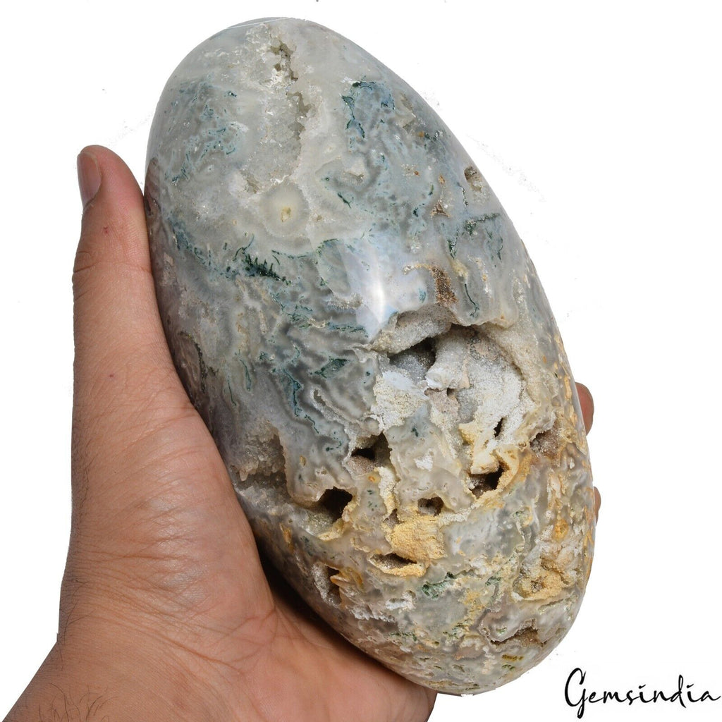 Rare 1.6 Kg Natural Dendrite Moss Agate Druzy Crystal Egg Shape Geode Specimen