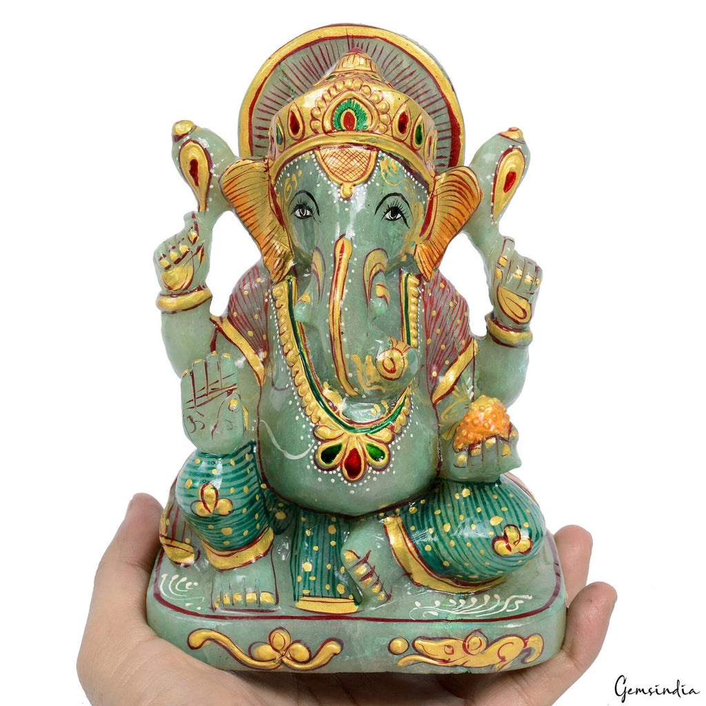 Green Aventurine Ganesha Figurine, Gold — 7x5x3.75 inch, 2.235 Kg (11175 Ct), Madagascar