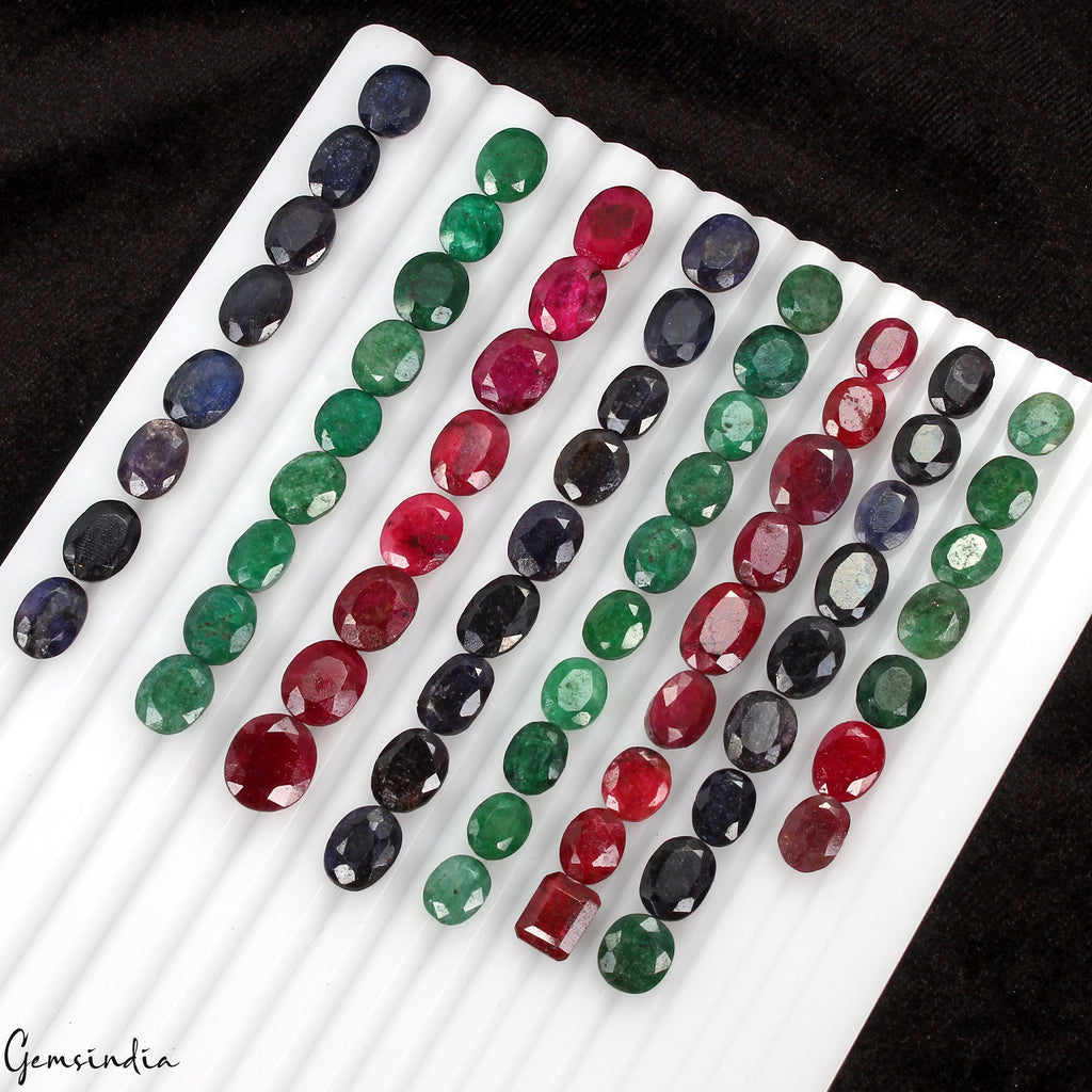 300 Cts/69 Pcs Natural Red Ruby Green Emerald Blue Sapphire Oval Cut Loose Gems