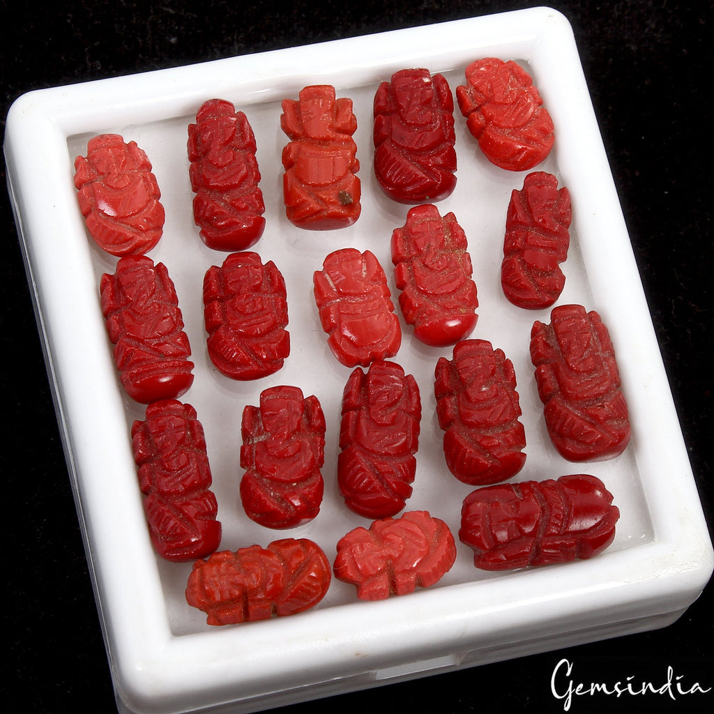 18 Pcs Taiwan Coral Gem Carved Ganesha Beautiful Ring Size Loose Stone 12mm-16mm