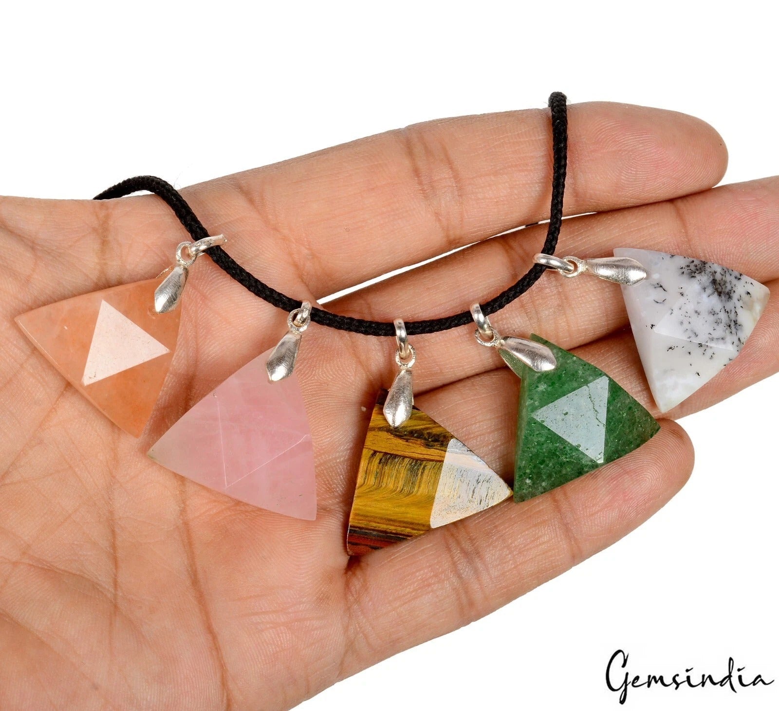 5Pc Natural Multi Gems Reversible Crystal Healing Trillion Shape Pendant Jewelry