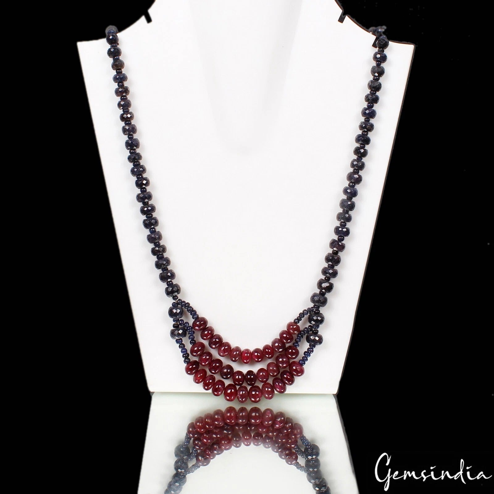 550 Cts Natural Blue Sapphire Red Ruby Round Cab Beaded Handmade Necklace 24"