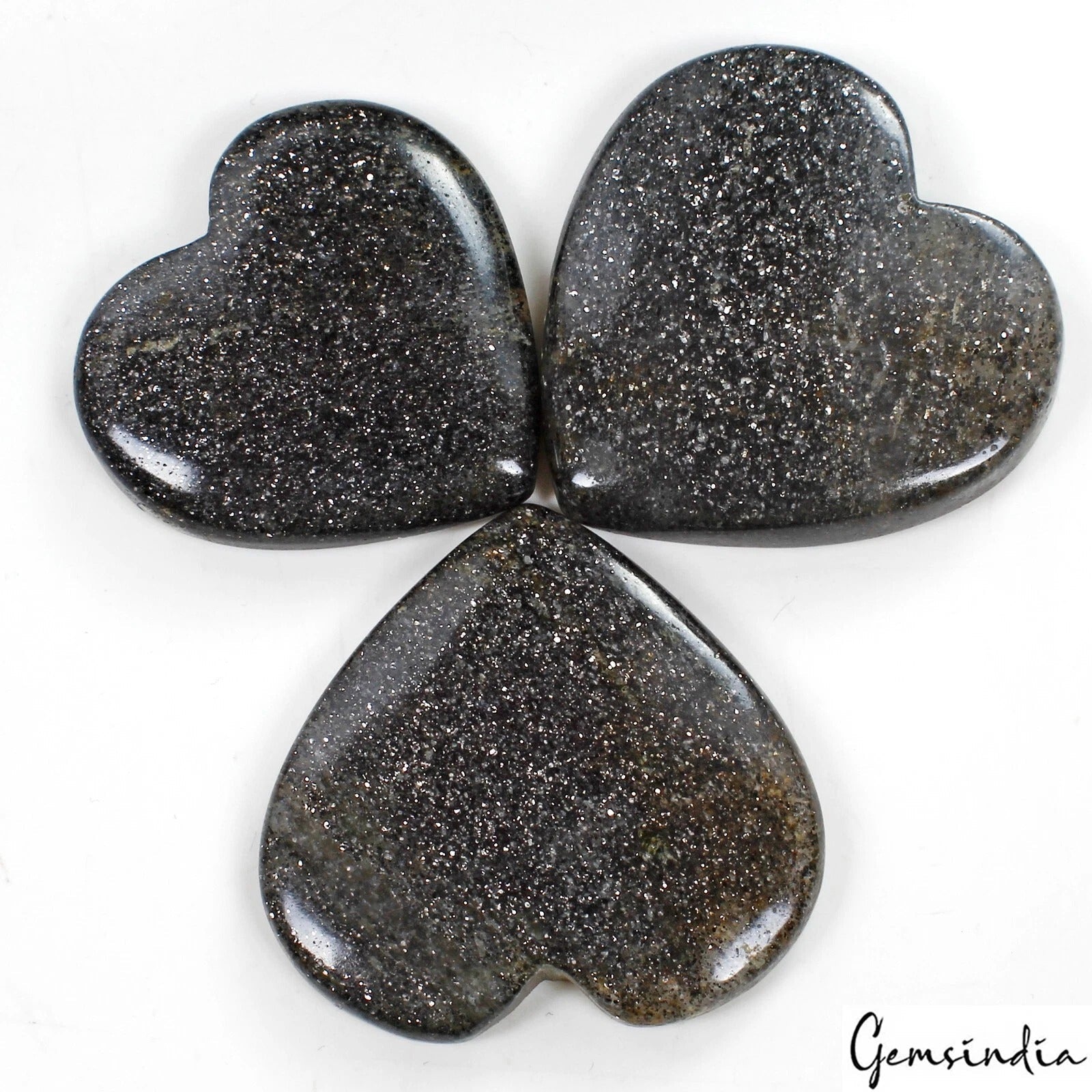 228 Cts/3 Pcs Natural Untreated Black w Glittering Shine Sunstone Heart Cab Gems