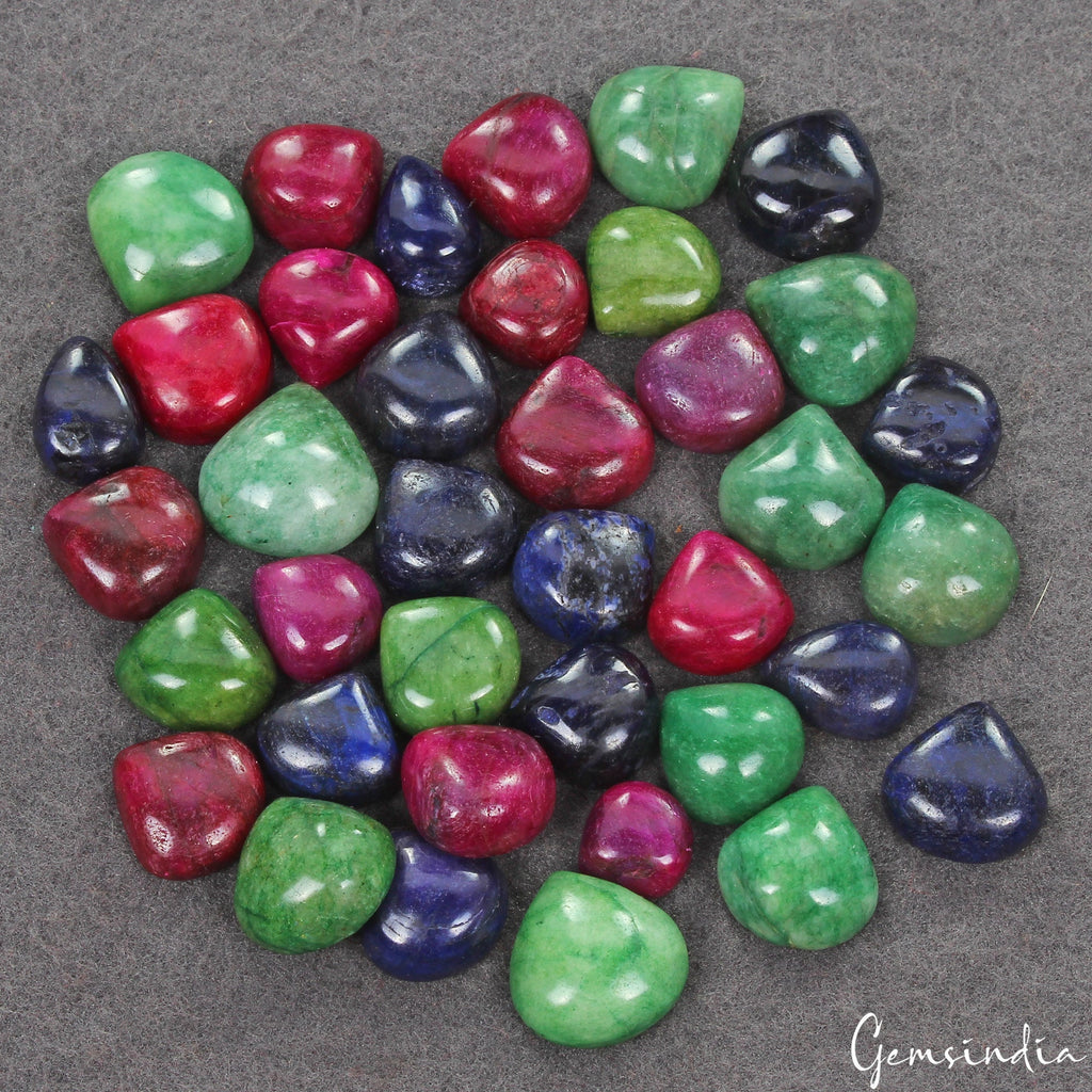 490 Ct Natural Ruby Emerald Sapphire Pear Cabochon Shape Loose Gemstones~ 38 Pcs