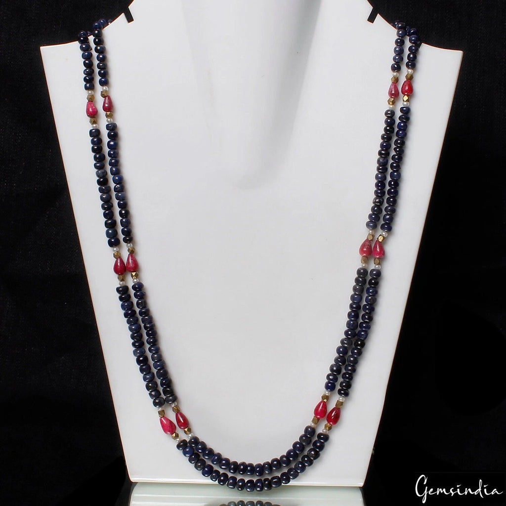 320 Ct Natural Blue Sapphire Red Ruby Gems Beads Double Strand Long Necklace 23"