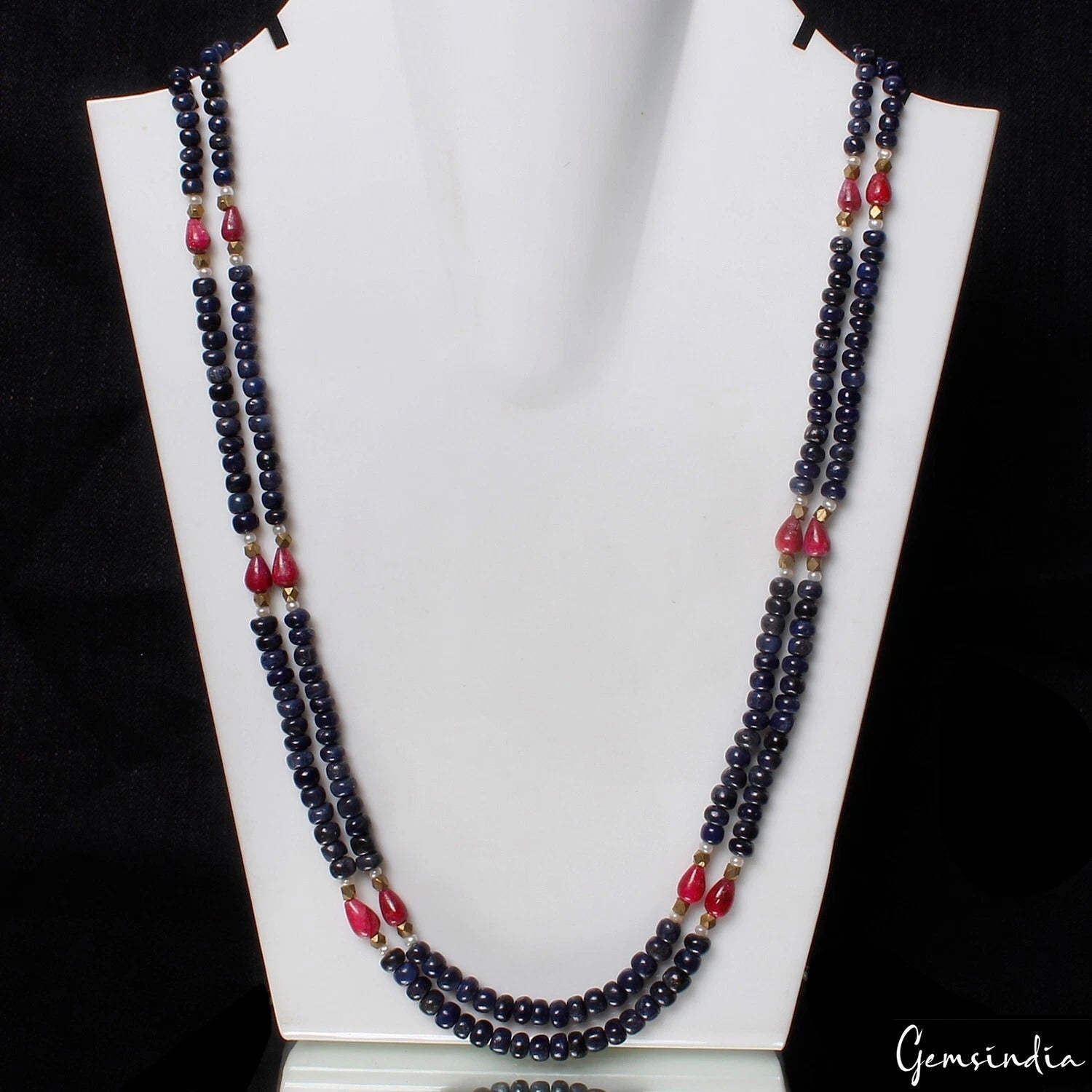 320 Ct Natural Blue Sapphire Red Ruby Gems Beads Double Strand Long Necklace 23"