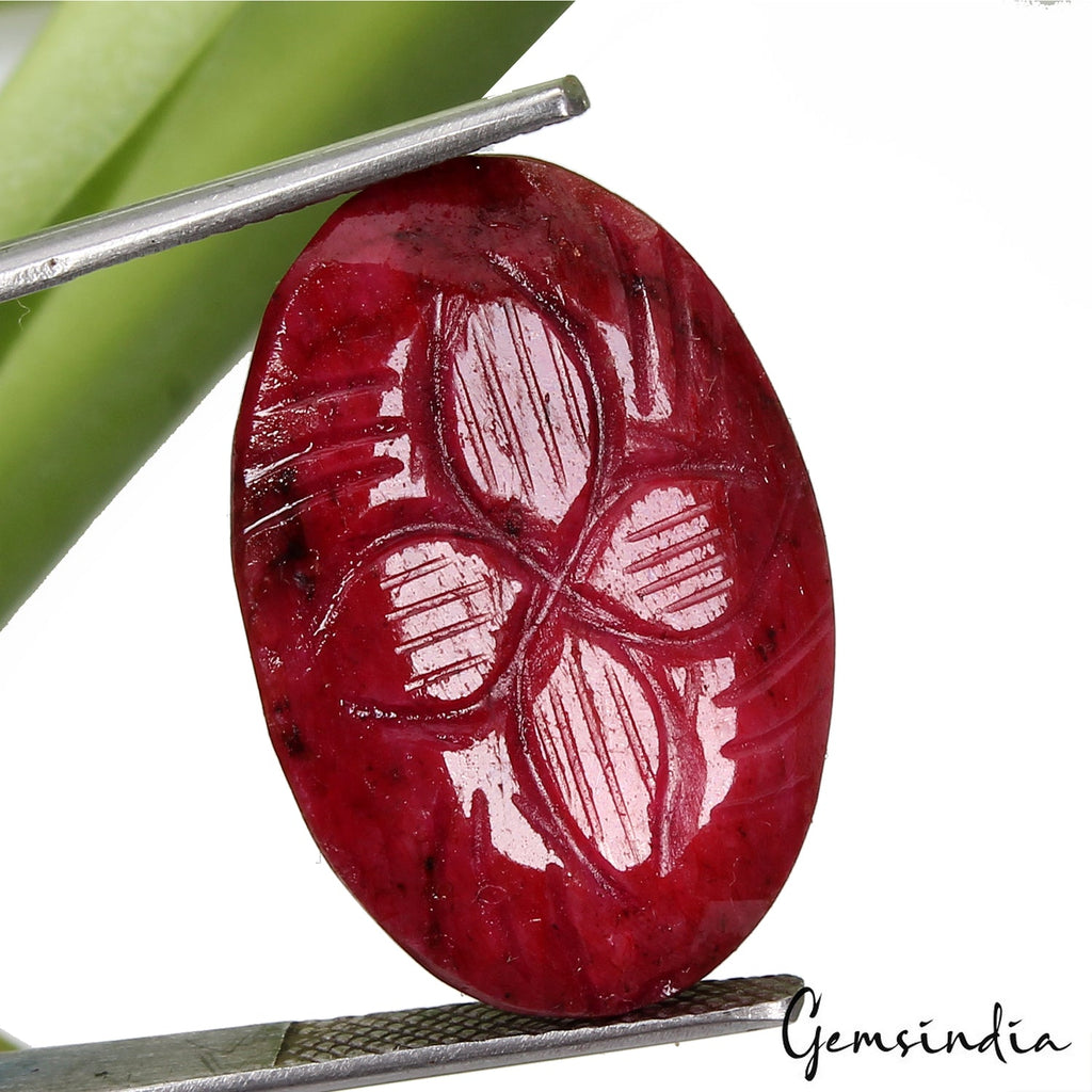 Certified 54.60 Ct Natural Red Ruby Floral Carved Oval Cut Pendant Size Gemstone
