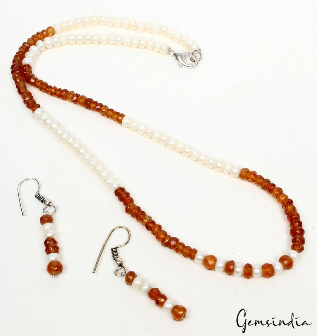 131.20 Cts Natural Brown Hessonite Garnet & Freshwater pearl Beaded Jewelry Set