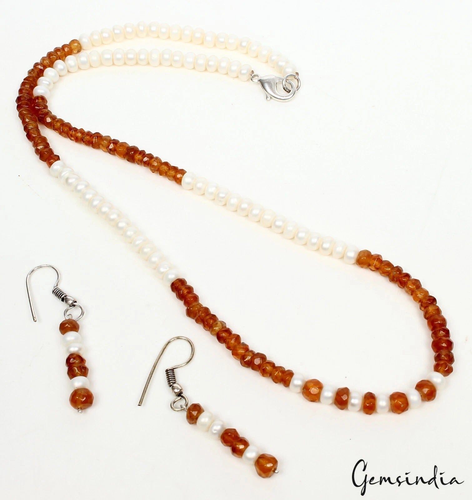 131.20 Cts Natural Brown Hessonite Garnet & Freshwater pearl Beaded Jewelry Set