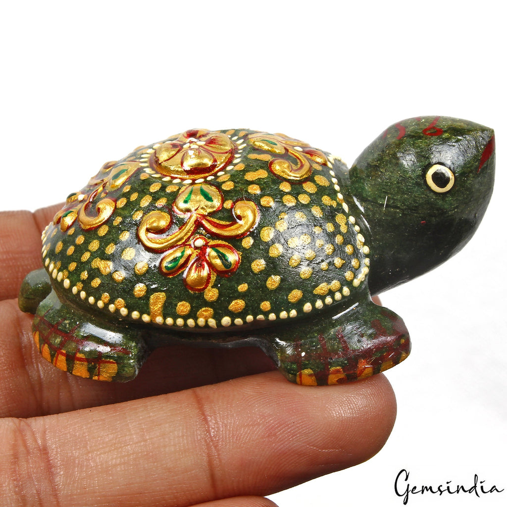 470 Cts Natural Untreated Green Golden Paint Aventurine Turtle Carved Sculpture