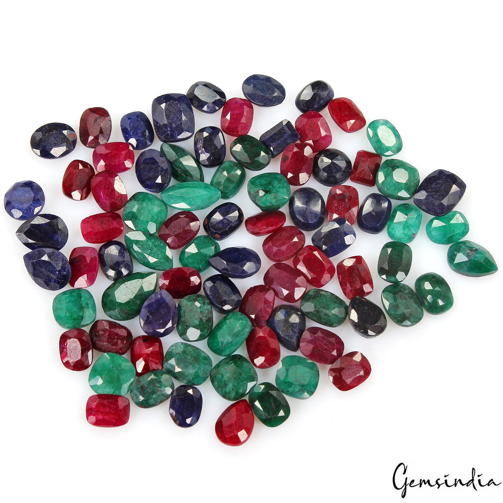 165.70 Ct/80 Pc Natural Ruby Emerald Sapphire Mux Cut 7-12mm Multi Gemstones Lot