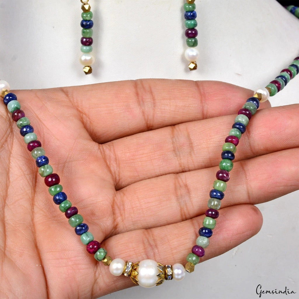 134.50 Ct Natural Multi Color Emerald Ruby Sapphire Gem Round Beaded Jewelry Set